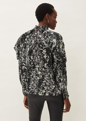 Phase Eight Daphne Floral Frill Shirts Black Canada | UZJRQT-497